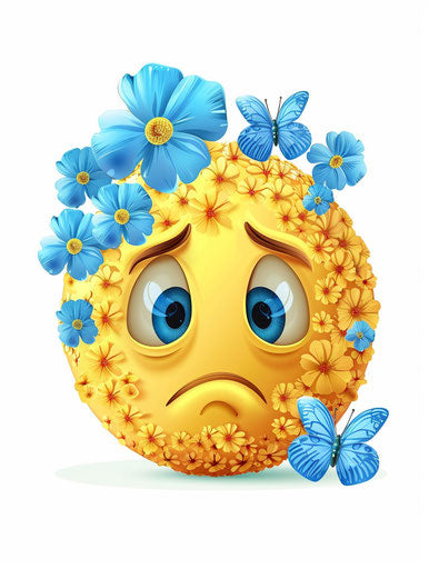 Sad and confused yellow face with blue flowers and butterflies