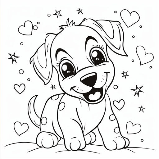 Puppy outline with hearts and stars. Coloring book page