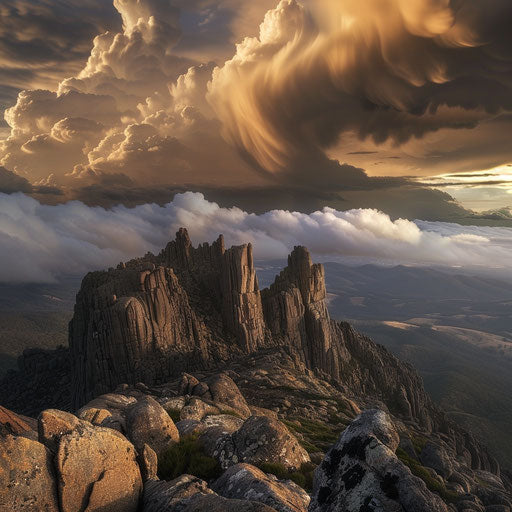 Tasmania's rugged peaks under storm clouds