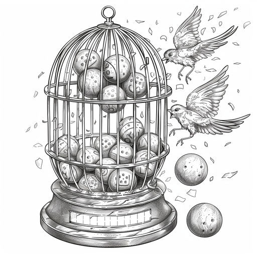 Whimsical bingo cage with flying balls, coloring book page