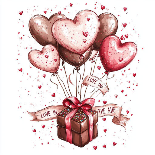 Love in the air: heart-shaped balloons, chocolate box gift