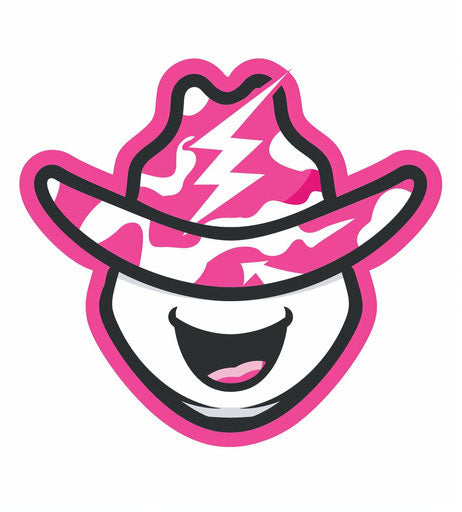 Pink and white vector logo of a cowboy emoji with lightning bolts for hat