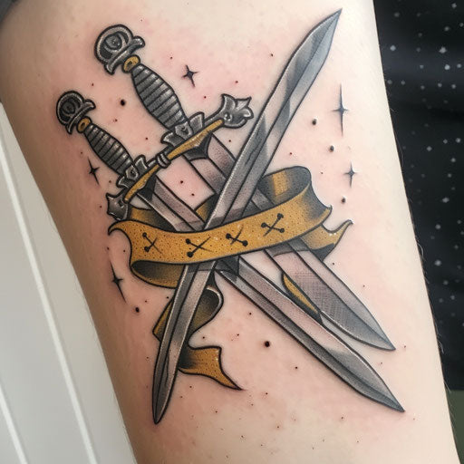 Neo-traditional tattoo of crossed swords on white background