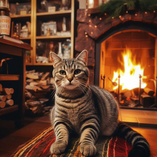 An American shorthair cat in front of a fire in a fireplace