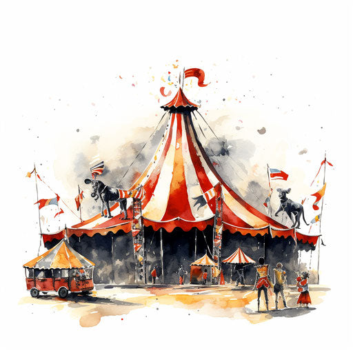 Circus in Chiaroscuro Art style, on white background