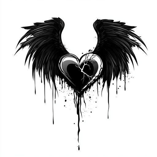 Beautiful flat tattoo sketch with broken heart and black wings