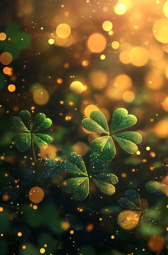 3D Glittering shamrock leaves with golden bokeh background