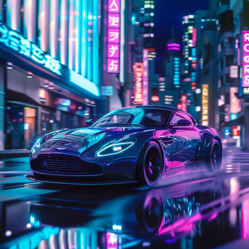 Futuristic Aston Martin DB6 concept car with sleek, aerodynamic lines and neon underglow, driving through a neon-lit city at night.