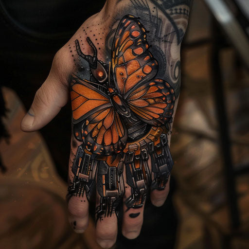 Sci-fi butterfly hand tattoo
