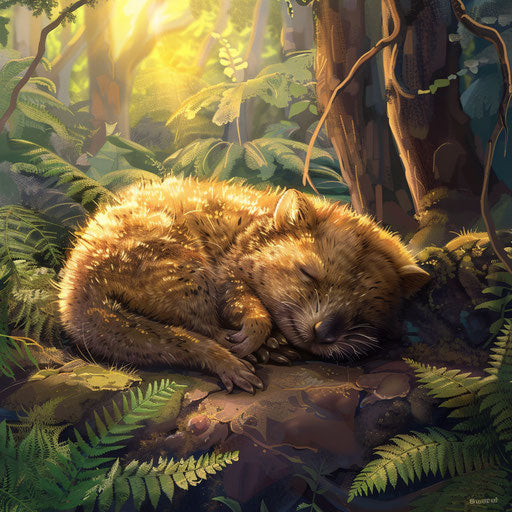 Quokka enjoying a peaceful nap under a giant fern