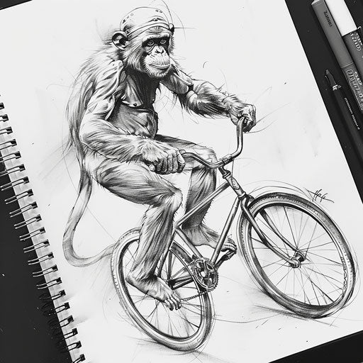 Sketch of monkey on unicycle, playful and dynamic circus theme