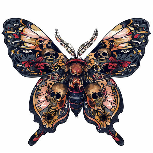 Intricate tattoo design of a death moth with skull patterns