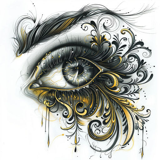 Elegant tattoo sketch of an eyeball with ornate eyelashes and decorative swirls
