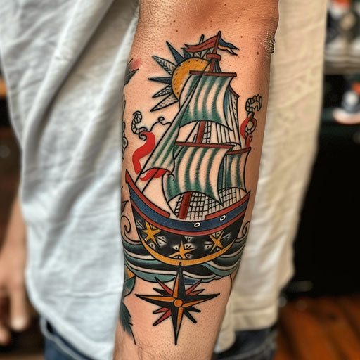 Men's tattoo with nautical theme, Sailor Jerry style