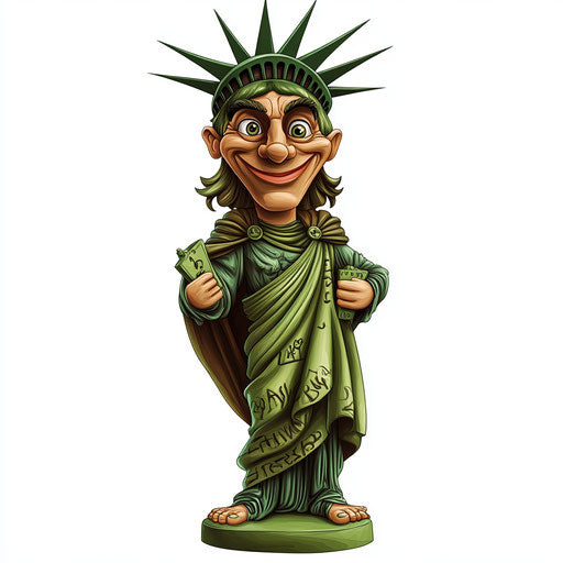 Humorous caricature of a statue of liberty with human characteristics