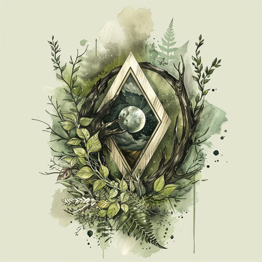 Eco-Friendly Flat Tattoo Sketch of a Rune Surrounded by Green Leaves and Earthy Textures in Natural Greens