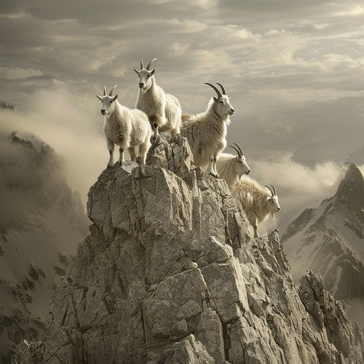 Mountain goats on peak, Gregory Colbert style