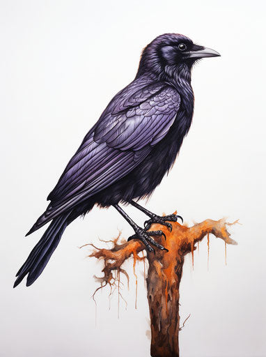 Crow on white background with orange coloring, dark matter art style