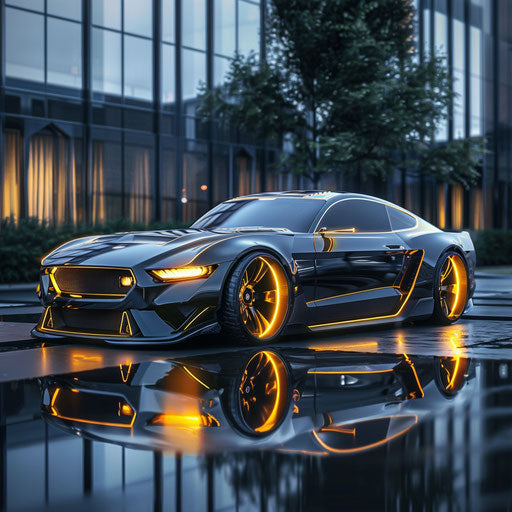 A futuristic Ford Mustang GT Shelby Classic with reflective surfaces and hovering capability