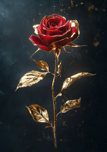Red rose with golden leaves, fantasy art style, dark background