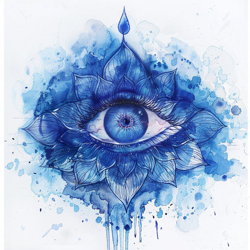 Third Eye Chakra tattoo design, indigo abstract eye-like form on white background