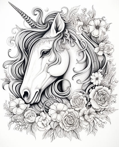 Unicorn with flowers in intricate black and white style