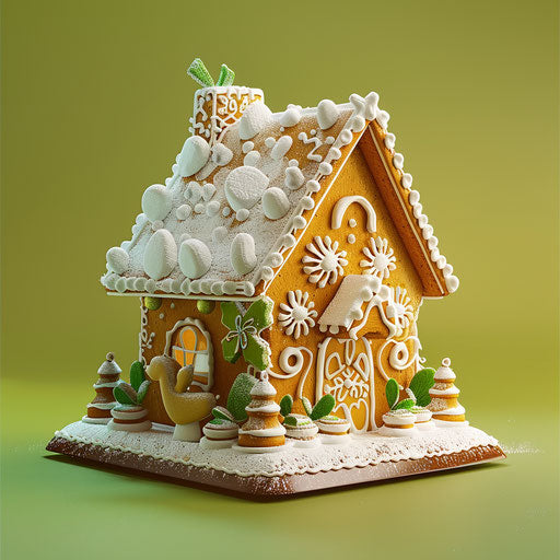 Gingerbread house on chartreuse background, realistic and bright