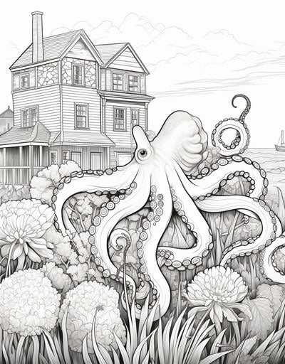 Adult coloring page with octopus in background