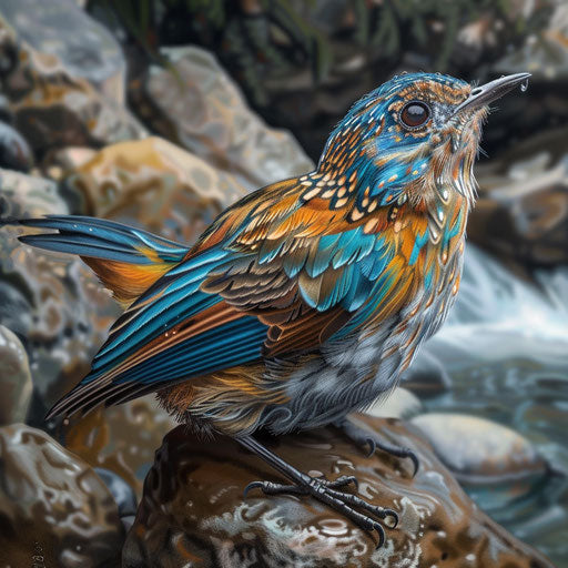 Wall creeper bird with vibrant plumage feeding on rocky riverbank