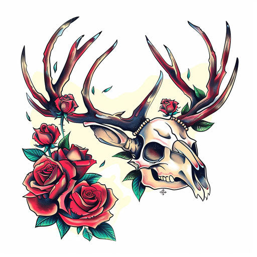 Deer skull old school tattoo style with red roses on white