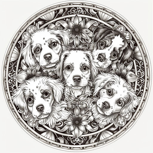 Detailed mandala with puppies intertwined. Coloring book page
