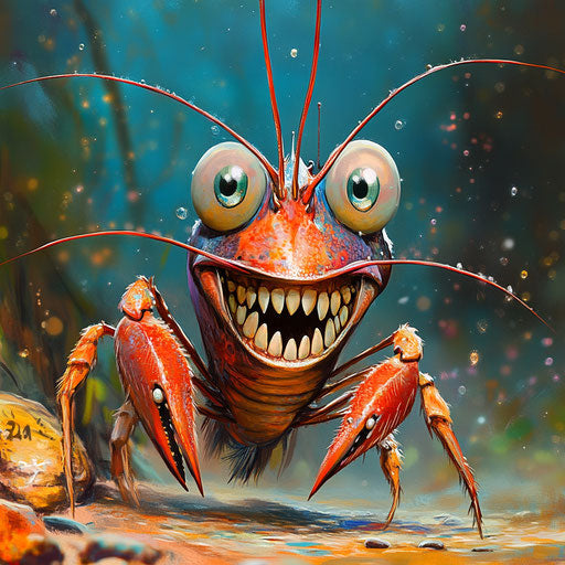 Humorous caricature of a shrimp with human characteristics