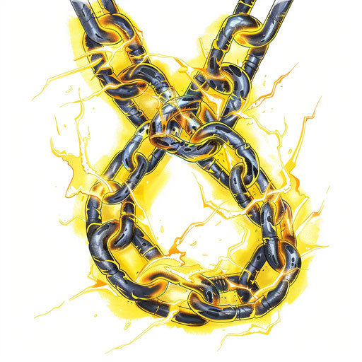 Electric chain tattoo with bright yellow lightning bolts on white