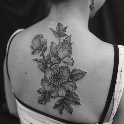 Blackwork floral tattoo with sharp contrast on white backdrop