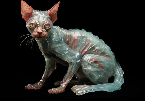 Cat on black background, disfigured forms, light maroon