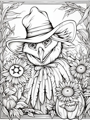 Printable scarecrow coloring page, joyful and optimistic