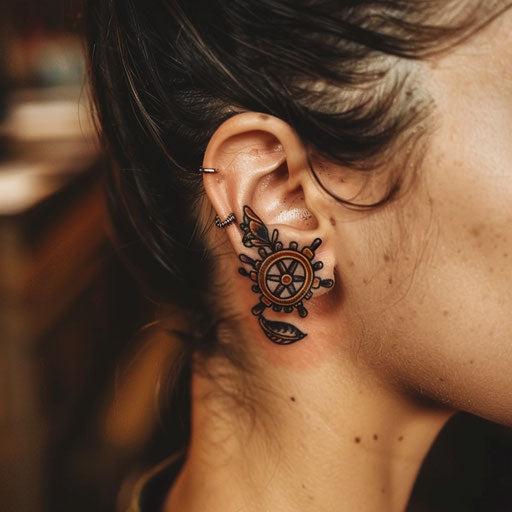 Ear tattoos in the style of Sailor Jerry with a ship's wheel