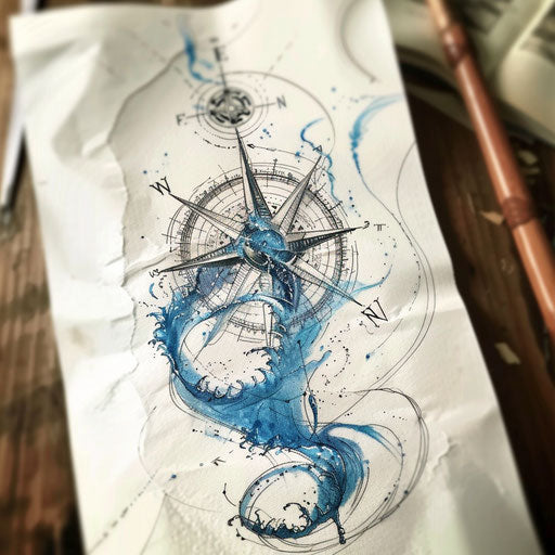 Nautical spine tattoo concept with detailed compass and blue waves on white paper
