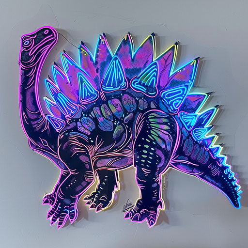 Neon stegosaurus dinosaur tattoo design on white paper