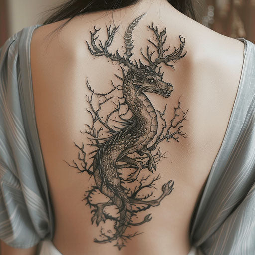 Spine tattoo inspired by mythical creatures for women