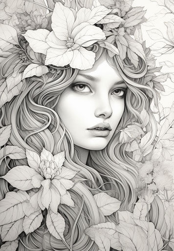 Adult coloring pages, feminine themes, etchings