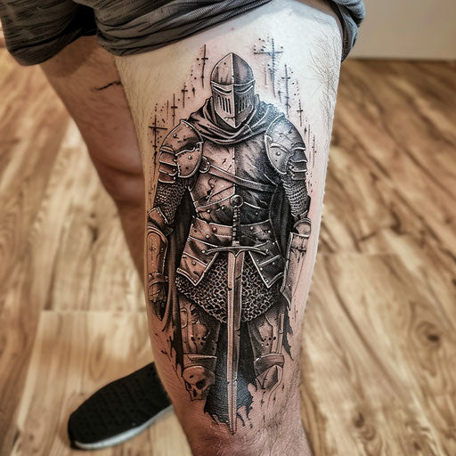 Knee tattoos in David Palumbo style with fantasy knight
