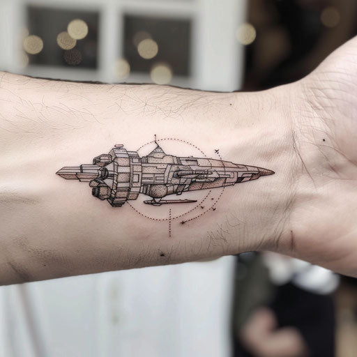 Tiny wrist tattoos of a spaceship design