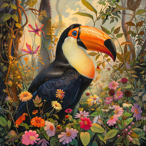 Toco toucan in the soft light of a rainforest clearing