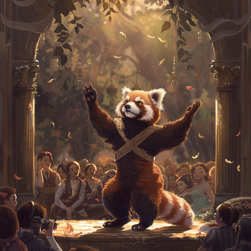 Red panda performing ballet on enchanted stage
