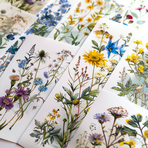 Collection of wildflower tattoos on white table