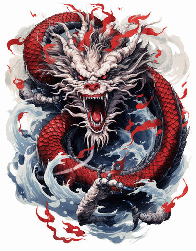 Japanese dragon on white background, multilayered realism style