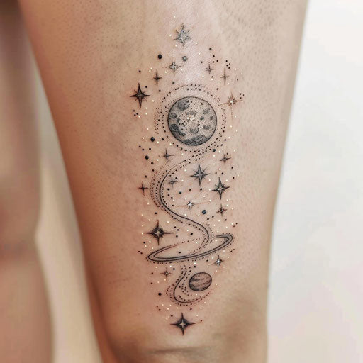 Black tattoo inspired by space and galaxies, stars and planets, on white