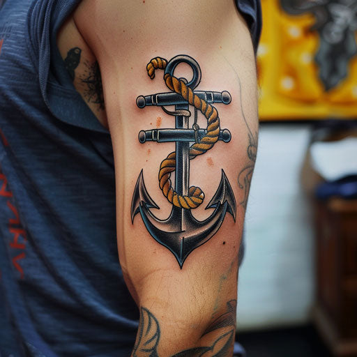 Bicep tattoo of a vintage anchor and rope, Ed Hardy style, on bicep