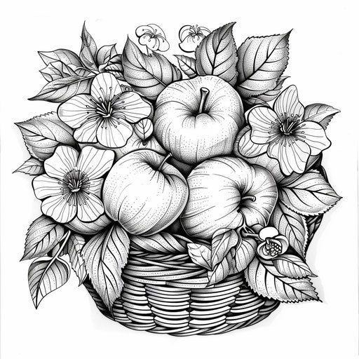 Basket of apples with leaves and flowers. Coloring book page